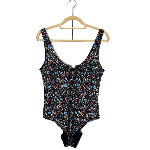 GANNI Swim Suit Women’s 44 One Piece Floral Lace Up Summer Vacation Tropical - Picture 2 of 7